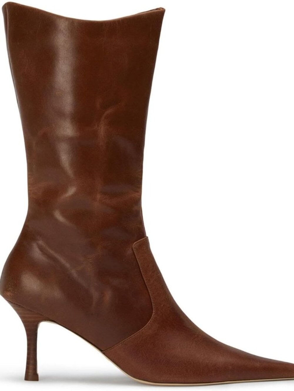 Women's A-brown Mid Calf Boots Pointed Toe Stiletto Heels Fall Side Zipper - Picture 2 of 7